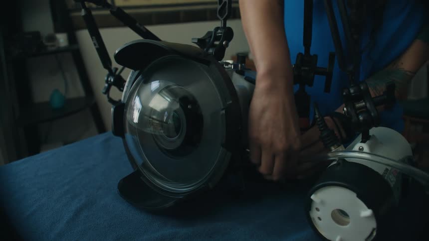 Underwater photographer prepares a camera for a photo shoot