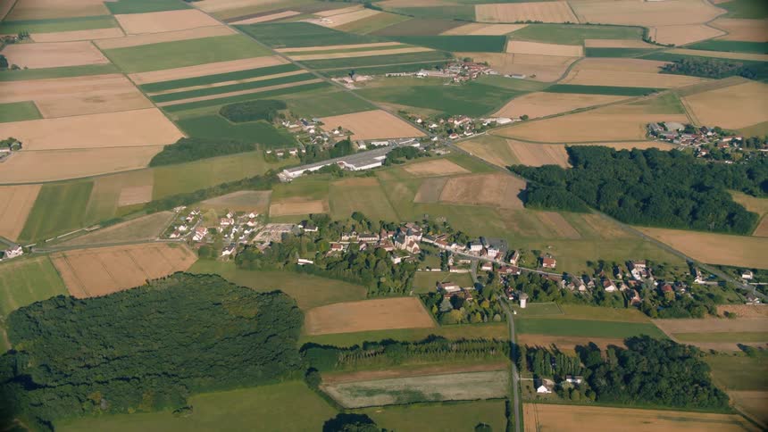 Aerial view of a rural area with some residences