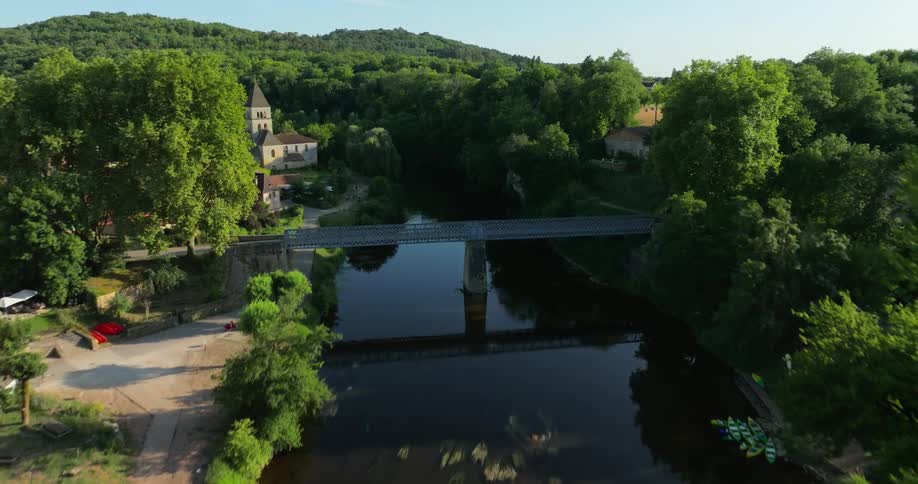Aerial of saint leon sur vezere upstream bridge