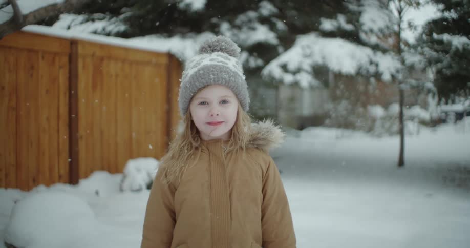 Portrait of little girl wearing winter clothes stands in the snow on the backyard