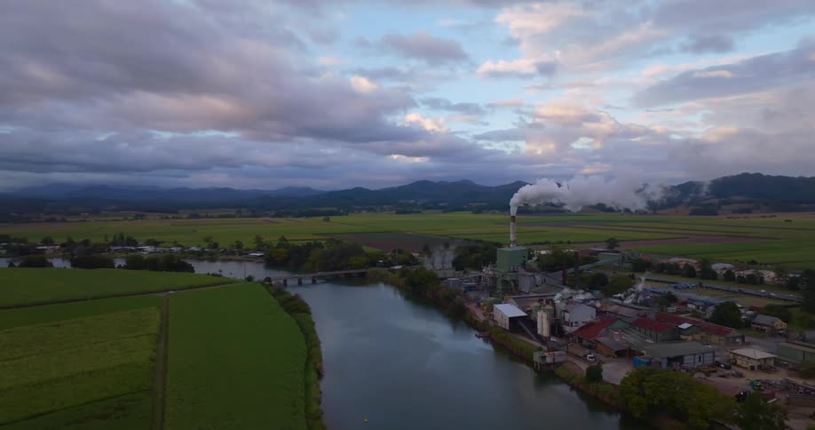 A small town is near the river bank