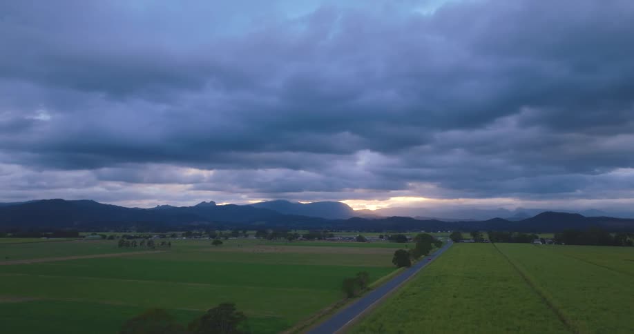 Car moving on a tarred road with grass on both sides at sunset
