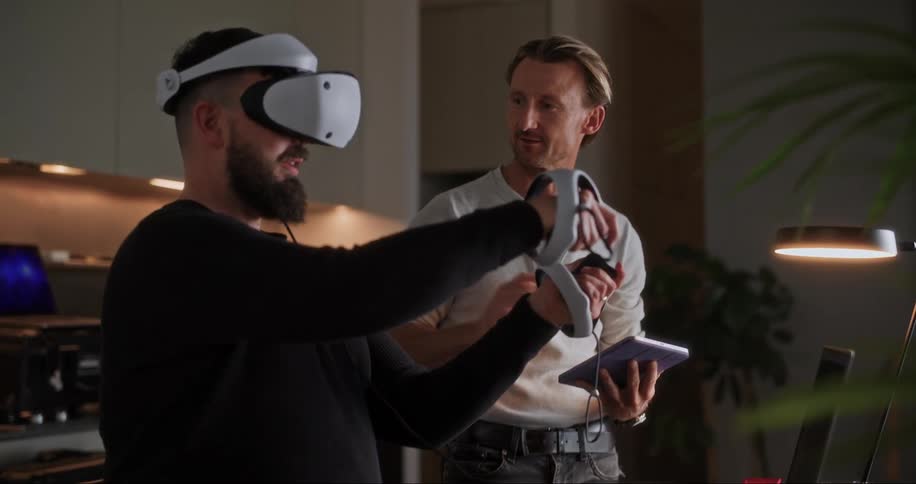 Two men testing a virtual reality video game