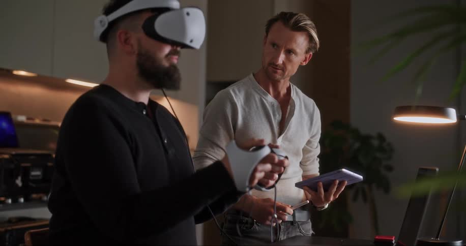 Two men testing a virtual reality video game