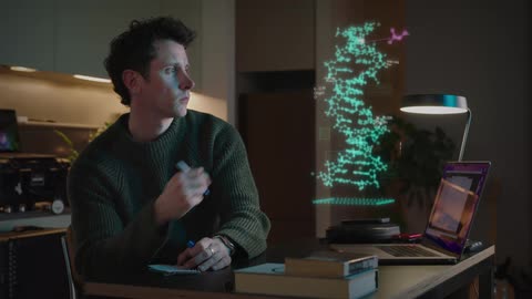 A man looks at a hologram and takes notes
