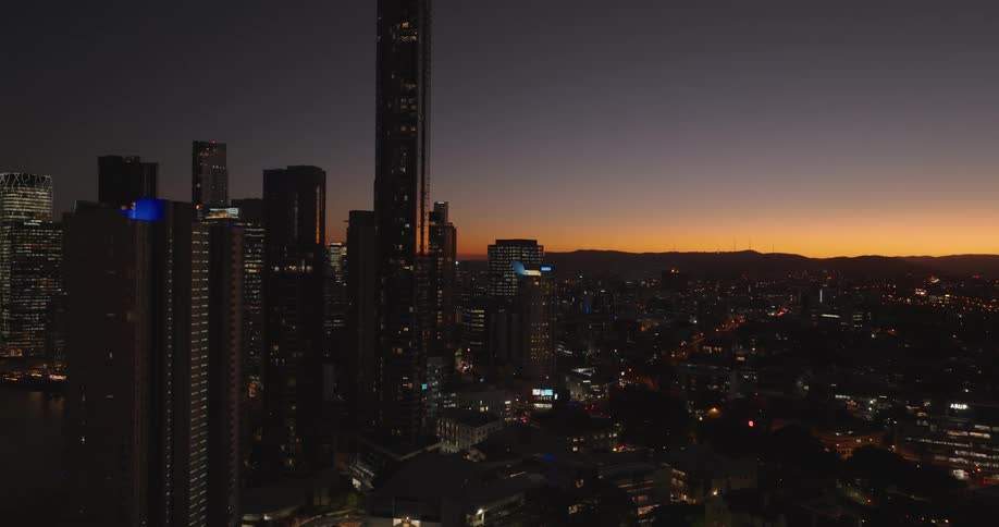 Aerial view of the city skyline at sunset