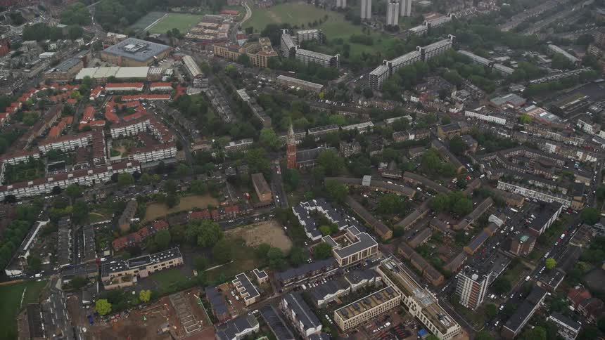 Aerial of buildings in an urban area at midday