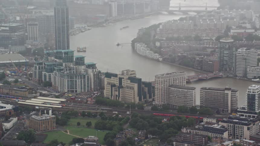 High rise buildings along the waterfront on a hazy day