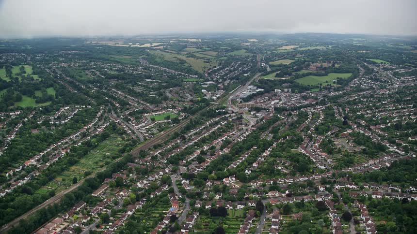 The homes in the suburbs are all lined up together