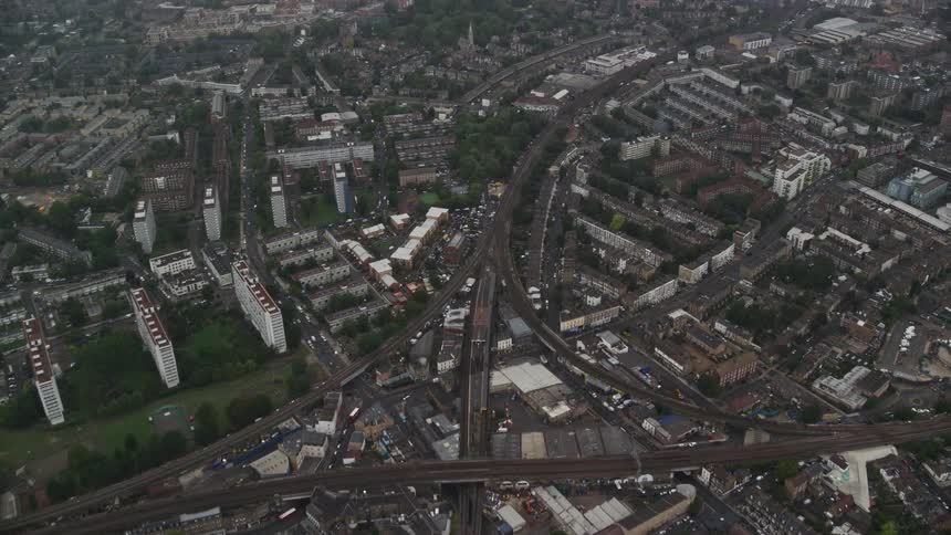 Aerial view of a highway through a city