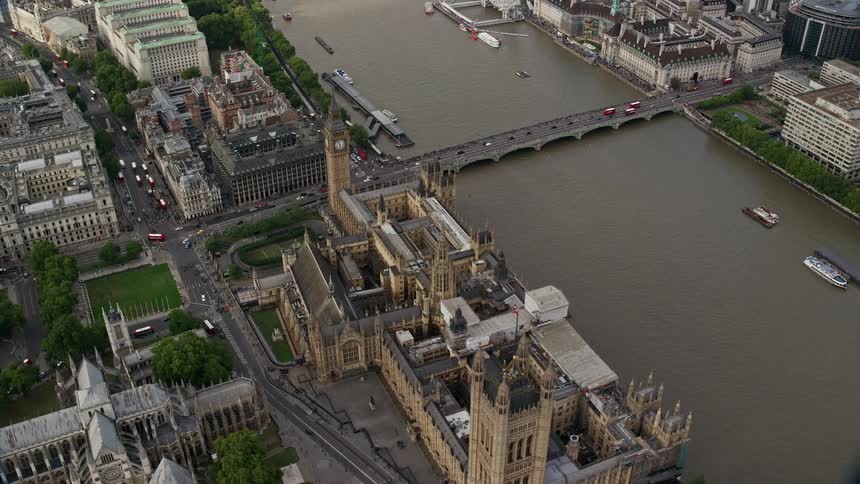 Aerial of castle with classical architecture in metropolitan city