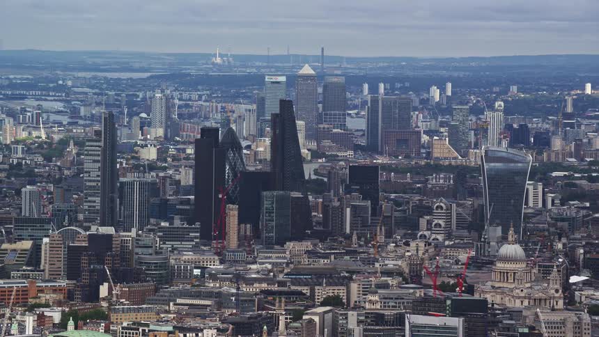 An aerial of downtown london during a cloudy day