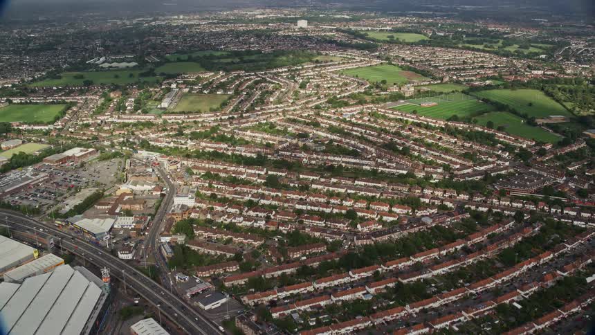 Aerial of the neighborhood of small houses in the rural area