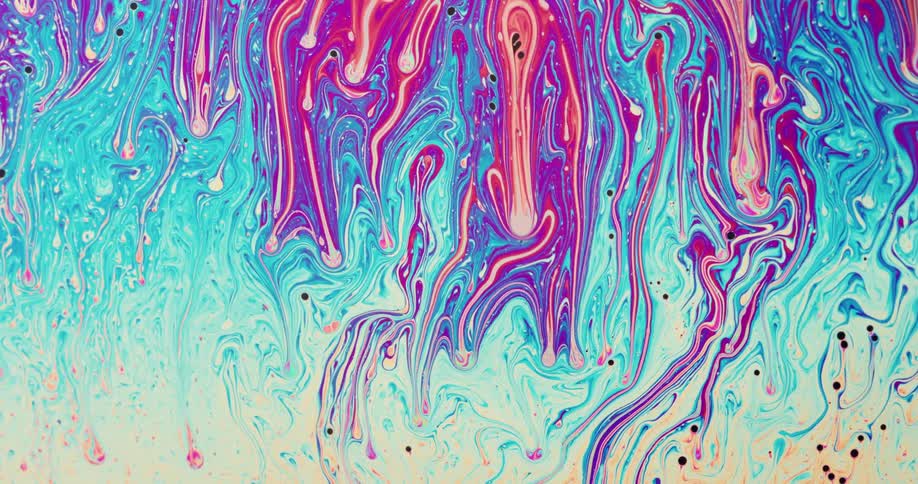 Dark dots move as pink and purple liquid stripes are dripping and blending as they stretch and mix with shades of blue and white