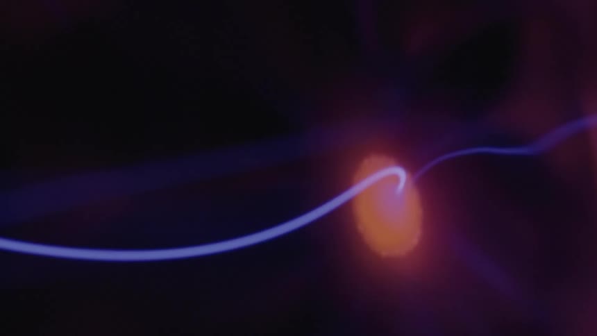 A glowing blue electrical wisp stretches and bends as it moves from an illuminated disc