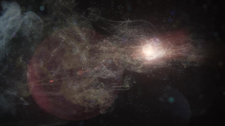 A light in dark space shining next to a dark planet with smoke like glitters flowing