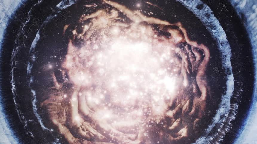 Cosmic explosion of shining particles surrounded by rings of matter