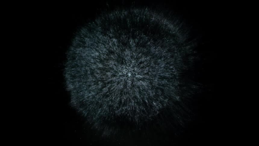 A white abstract object exploding and several white particles expanding in a circular shape