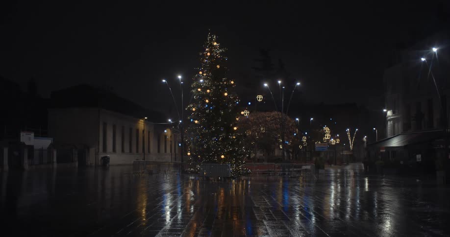 Christmas lights illuminating the wet road in the middle of the street at night