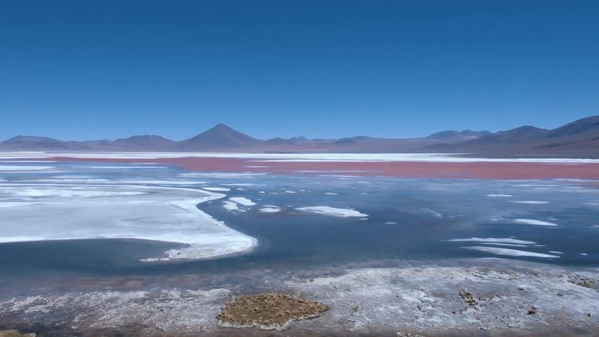 The shore is covered with ice