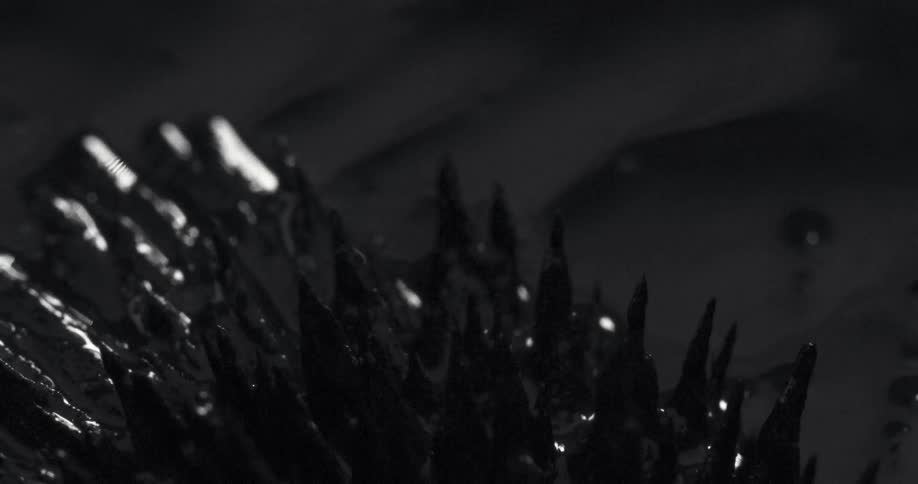 Spikes of black ferromagnetic fluid reacting to a magnet