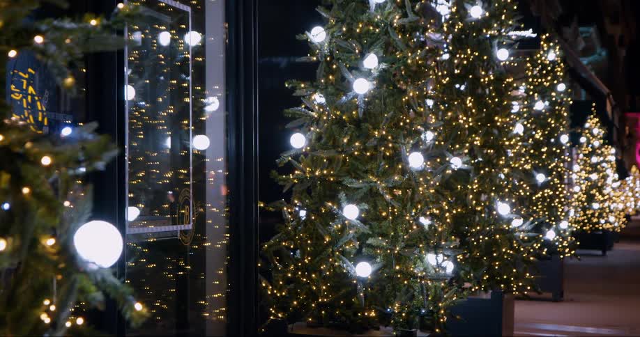The buildings are decorated outside for the holidays