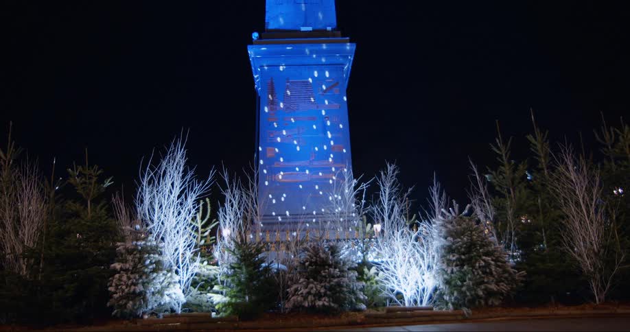 Lights shine on the pillar and bushes