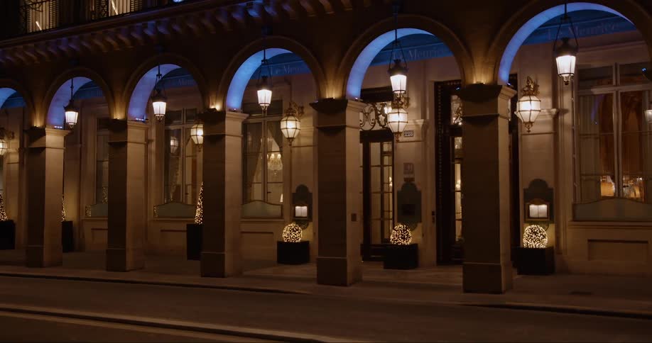 View of the ground floor of a building with christmas lights and decorations
