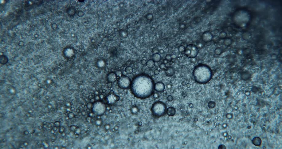 A microscopic view of tiny blue bubbles