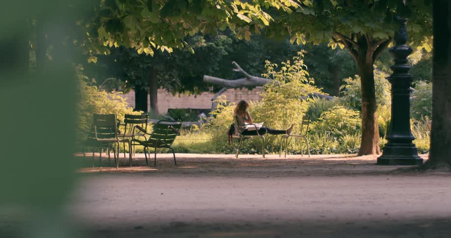 A female sit in a park reading at midday