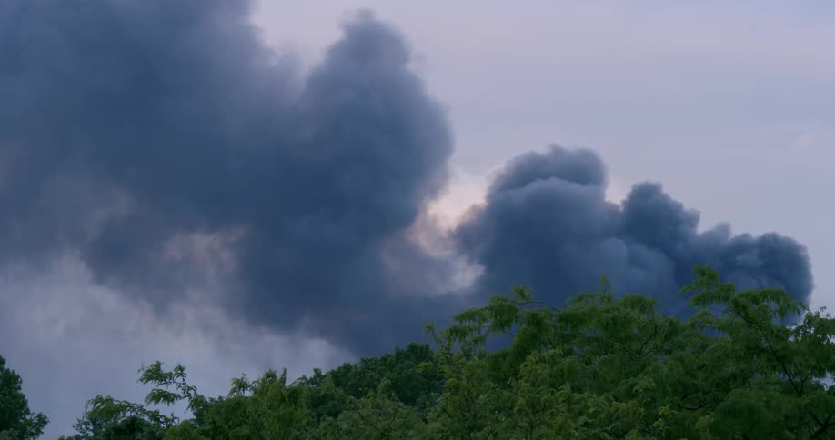 Large clouds of smoke rises behind trees