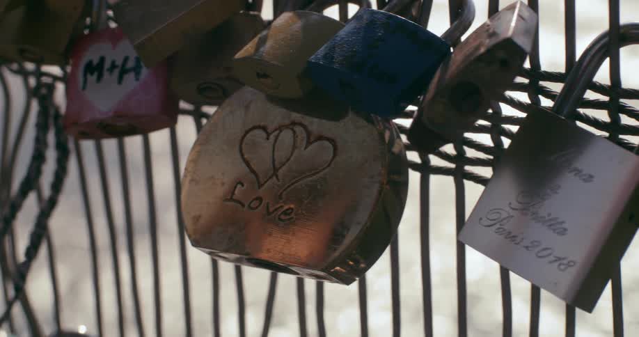 Love padlocks are locked to a fence near a body of water