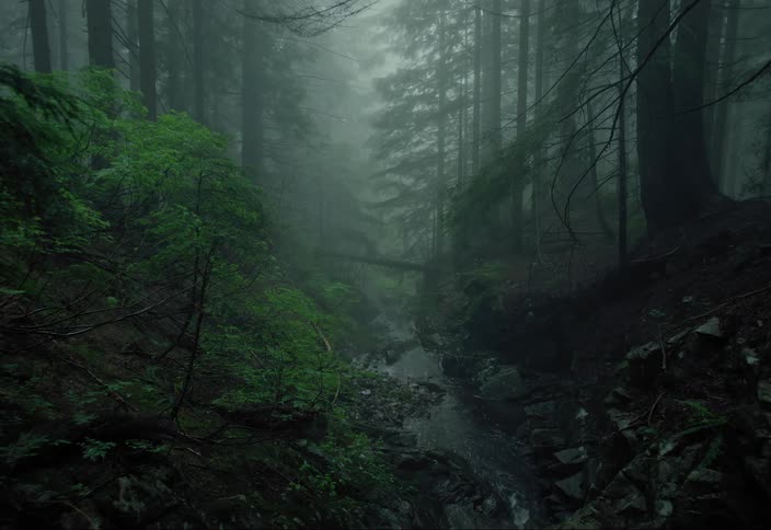 A mountain stream flows through a dense rain forest in thick fog