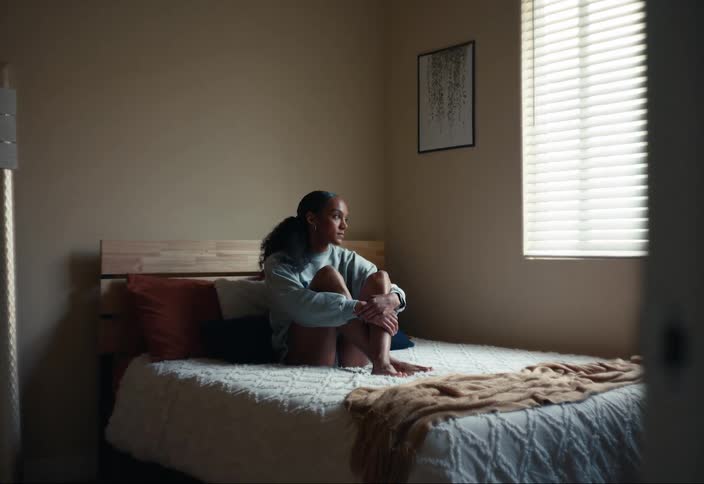 A woman is sitting on a bed at home