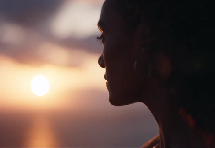 A woman watches the sunset over the ocean