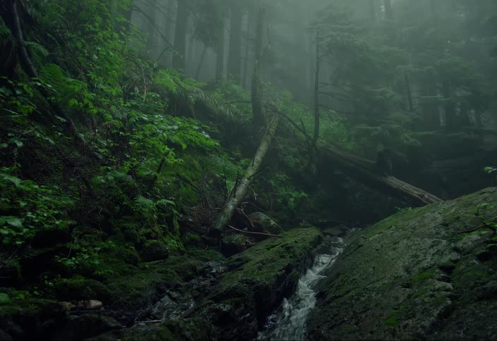 A small stream running over rocks in the forest as fog is settled in the trees