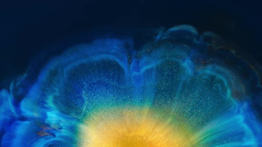 Blue layers spread from yellow center in mixture forming a flower shape against a dark background