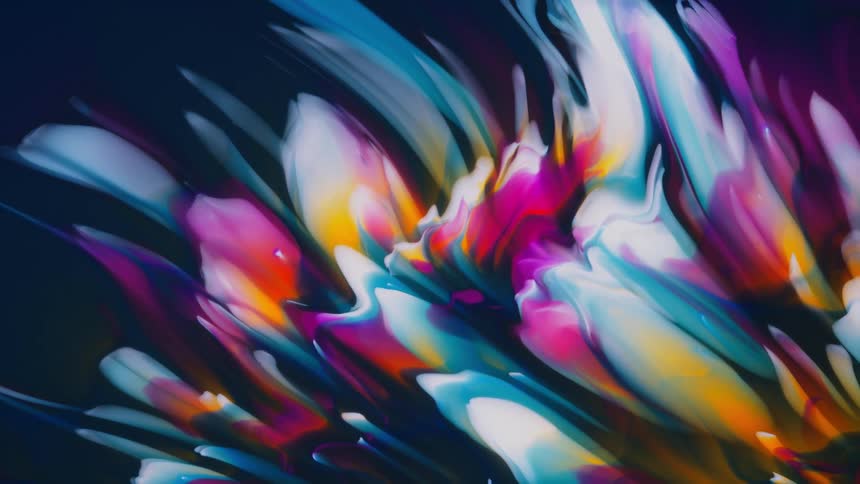 Colorful smooth paint lines slowly moving across a dark blue canvas and form a bunch of flowers