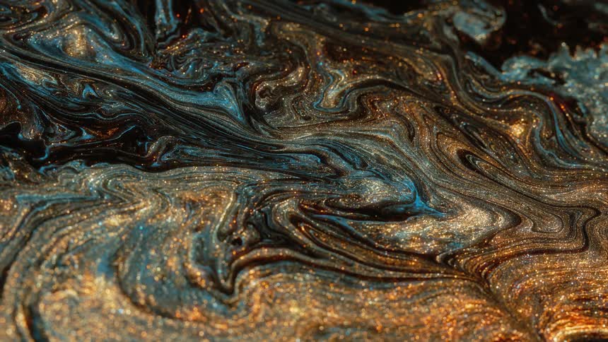 A massive stream of golden and blue paint reflecting light while moving