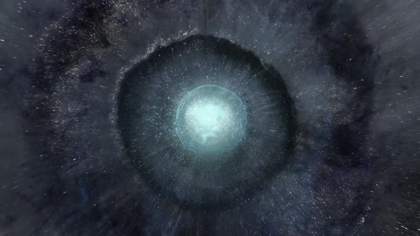 Bright shimmering particles converge around a star like object