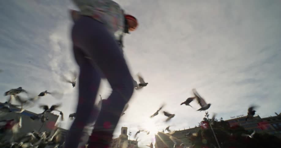 Sun flares into the lens and pigeons take off as a woman roller skates past,