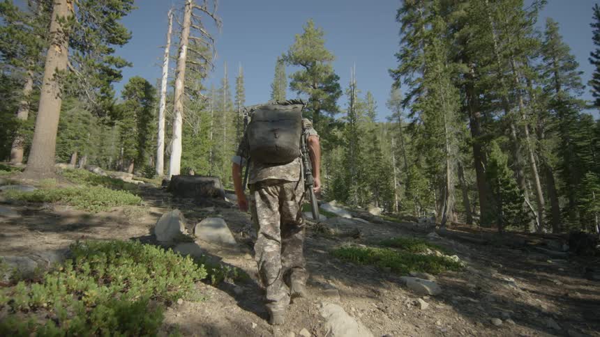 A man is hiking uphill carrying a rifle