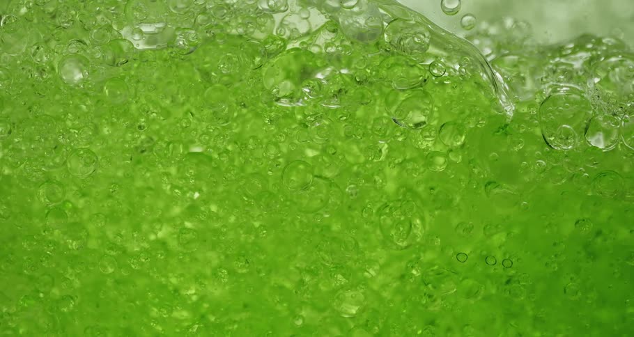Air bubbles rise through a thick green liquid