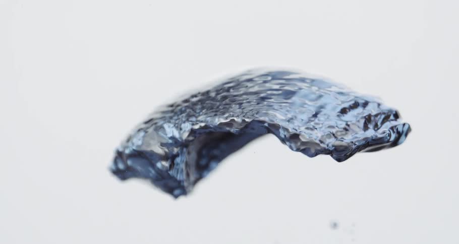 A large clear water droplet moving upward slowly against a white canvas background