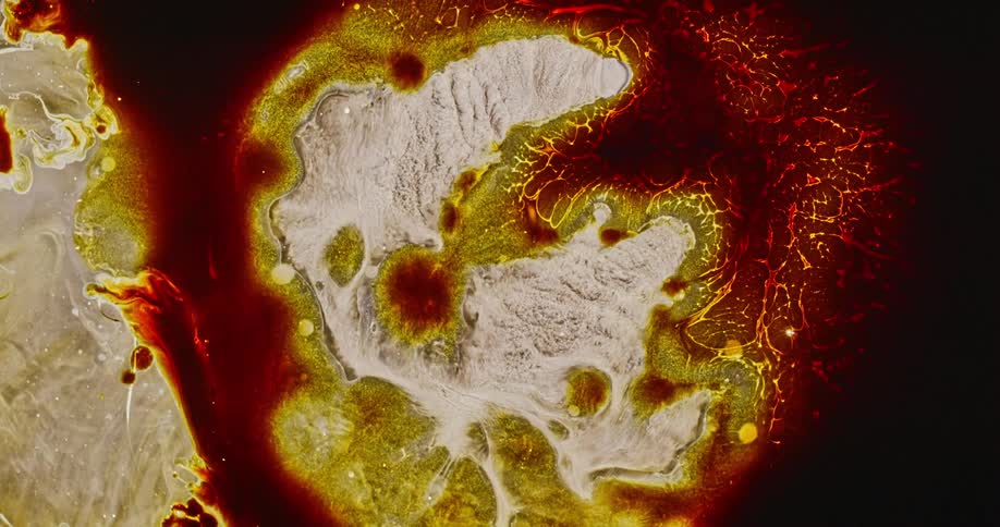 Darker liquid flows over paler substance before contracting and spreading again