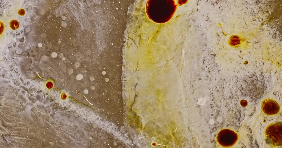 Darker layer breaks up to allow glimpse of foaming paler layer