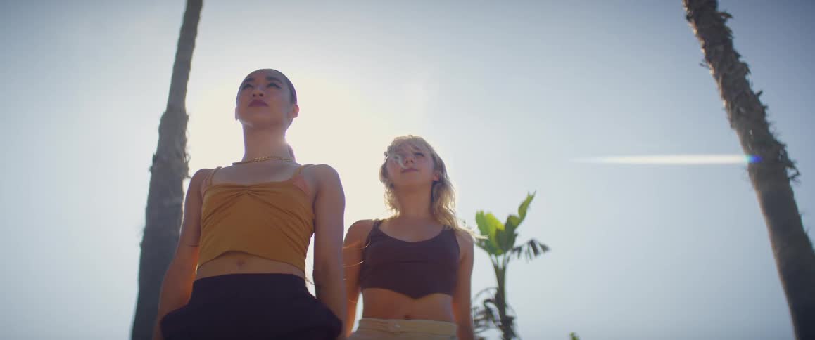 Sun shines brightly onto two women standing near palm trees