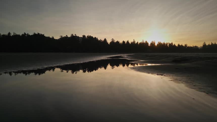 Landscape of a river amidst sands with the sunrise on the horizon