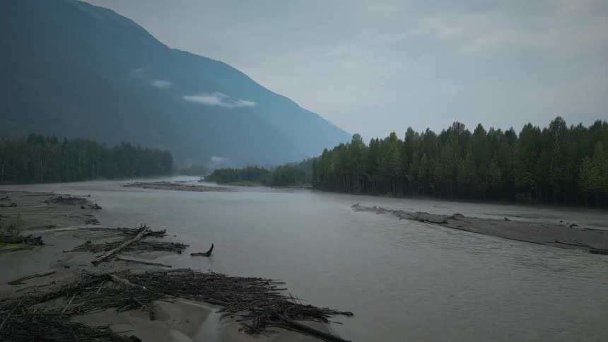 Landscape of a river with coniferous trees along the banks and mountain ranges on the horizon