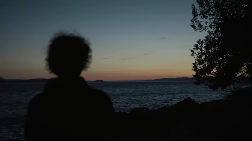 Someone on a beach turns their head and stares at the horizon over the sea